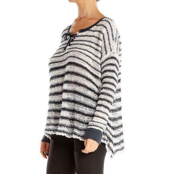 NWT Free People Navy White Striped Soft Knit Lace Up Sweater | Coastal Boho Prep - Picture 11 of 16